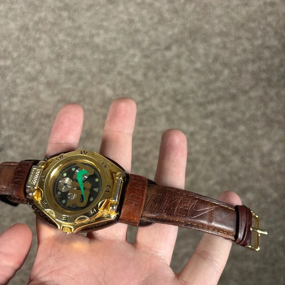 Vintage Nike Air Sport Compass Watch Gold Flip Top Brown Leather Strap *WORKS*